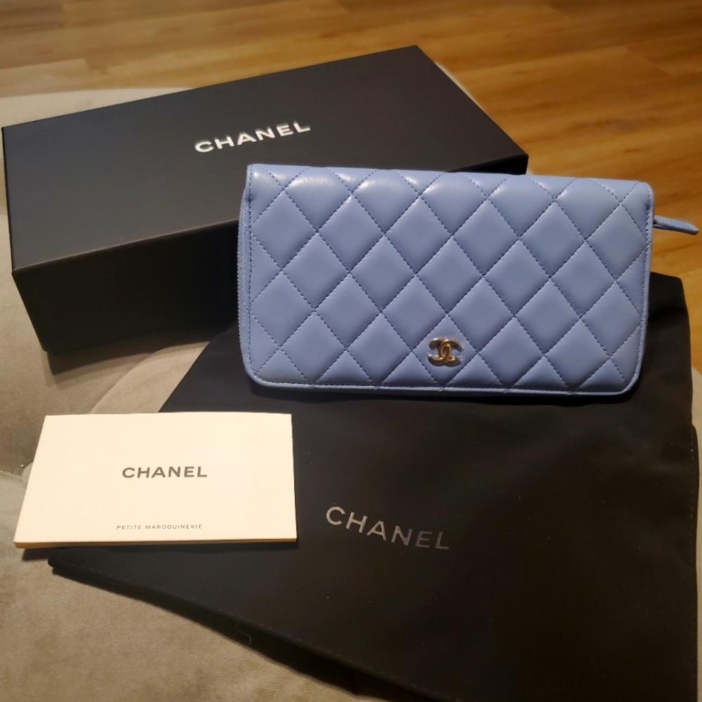 Chanel zip around wallet quilted caviar long